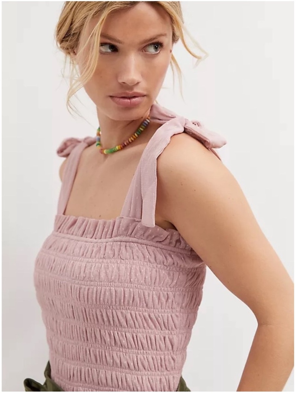 Anthropologie Smocked Lace Tie-Strap Tank Top - Blush Pink Size Small